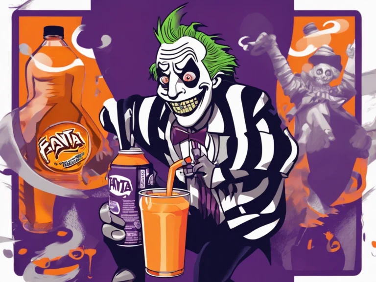 Pop art style graphic art depiction of Beetlejuice drinking Fanta. The theme of Halloween is present in the creative elements.