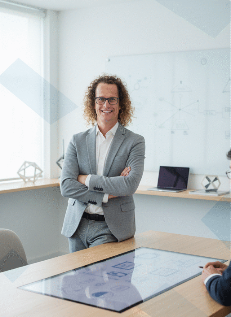 Andrew standing in a consultancy office wearing a suit while infront of a whiteboard.