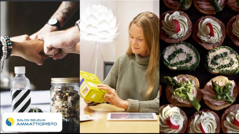 Montage of kitchen workstations and cooking activities at Salo Vocational School Food Technology department
