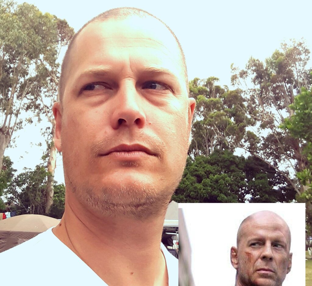 Andrew Marriott with short hair alongside an image of Bruce Willis from Die Hard