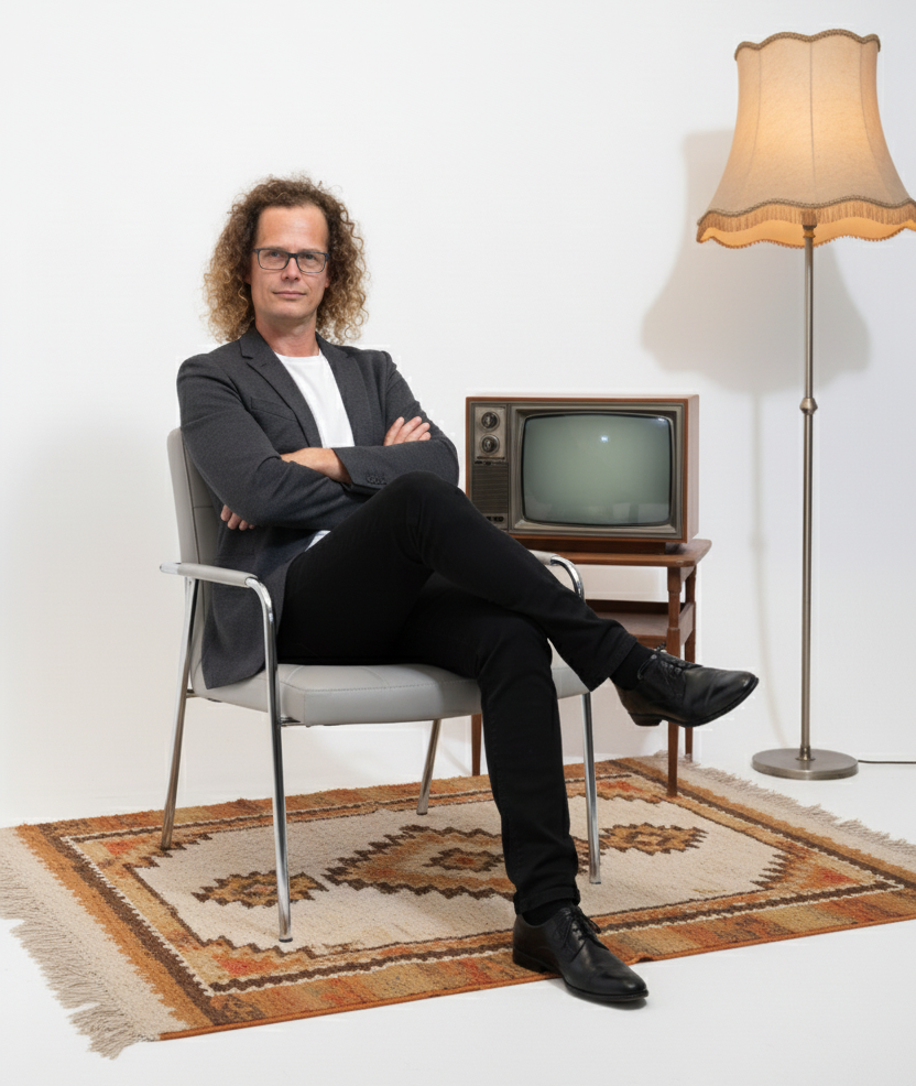 Andrew sitting in a steel framed chair wearing a suit. 70's TV and lamp are alongside him.