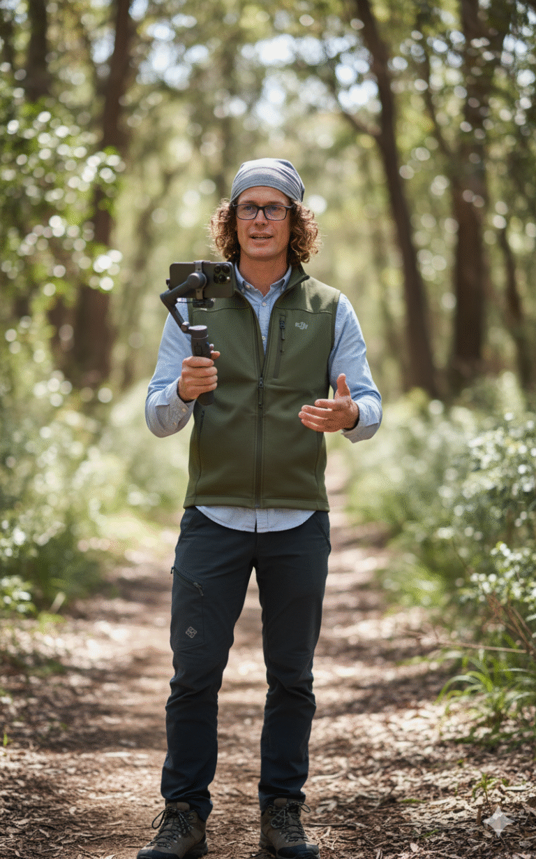 Andrew Marriott Vlogging in the Finnish forests using a cellphone and gimbal.