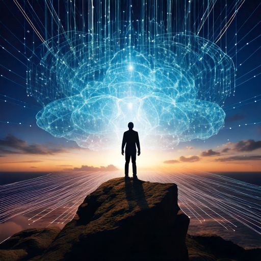 A person standing between nature and digital light, symbolizing authentic identity in the age of artificial intelligence.